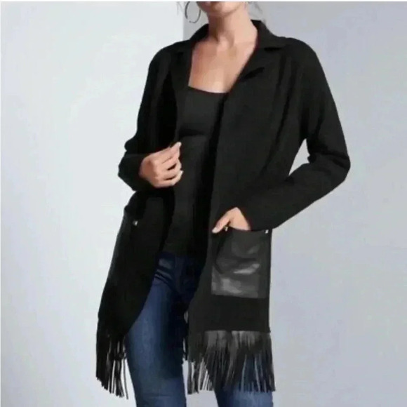 Oliver by Escio Longline Sweater Duster Faux Leather Pockets Fringes Black M - Picture 1 of 7